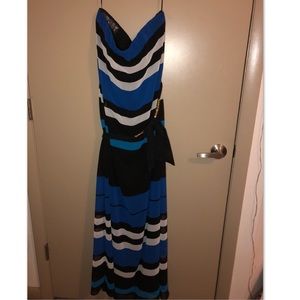 Black and Blue Striped Strapless Maxi Dress.
